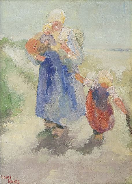 Louis Hartz | Naar huis door de duinen, Katwijk, olieverf op board op paneel, 25,3 x 19,2 cm, gesigneerd l.o.