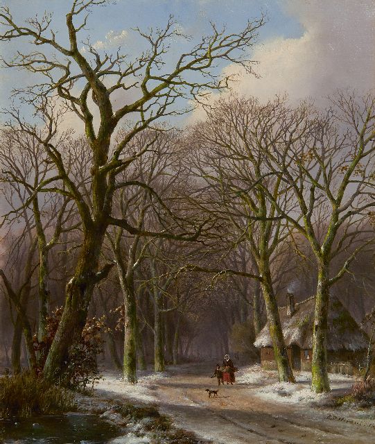 Everardus Mirani | Landvolk op een besneeuwd bospad, olieverf op paneel, 26,7 x 22,4 cm, gesigneerd r.o.