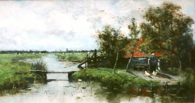 Geo Poggenbeek | Rivierlandschap met boerin die kippen voert, olieverf op paneel, 15,4 x 27,7 cm, gesigneerd mon r.o.