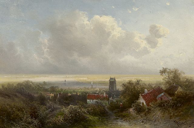 Kluyver P.L.F.  | Gezicht op een dorp met kerk op een riviervallei, olieverf op paneel 23,7 x 36,0 cm, gesigneerd r.o.