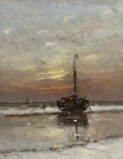 Morgenstjerne Munthe | Bomschuit op het strand bij zonsondergang, olieverf op doek, 50,8 x 40,7 cm, gesigneerd l.o. en gedateerd '24