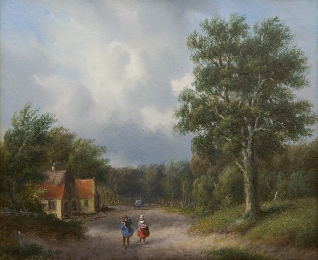 Carl Eduard Ahrendts | Landweg met figuren, olieverf op paneel, 21,7 x 25,8 cm