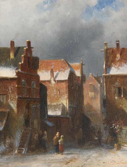 Charles Leickert | Winters straatje, olieverf op paneel, 27,2 x 21,6 cm, gesigneerd r.o.