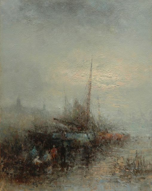 Nijland G.  | Afgemeerd schip, olieverf op doek 40,0 x 51,0 cm, zonder lijst