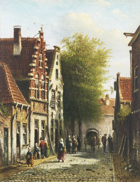Johannes Franciscus Spohler | Zomers straatje met figuren en paard en wagen, olieverf op paneel, 19,0 x 14,9 cm, gesigneerd r.o.