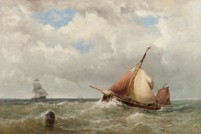 Jan Frederik Schütz | Vissersvaartuig op volle zee, olieverf op doek, 69,5 x 104,0 cm, gesigneerd l.o. en gedateerd '71