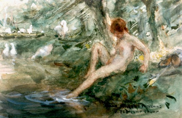 Jan Zoetelief Tromp | Baden in de bosbeek, aquarel op papier, 16,7 x 26,0 cm