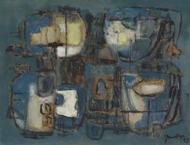Jaap Nanninga | Compositie, 1959, gemengde techniek op papier, 30,5 x 39,3 cm, gesigneerd r.o. en gedateerd '59