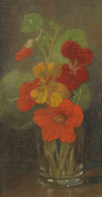 Marie Wandscheer | Bloemstilleven van Oost-Indische kers in glazen vaas, olieverf op paneel, 24,3 x 13,4 cm, gesigneerd r.b.
