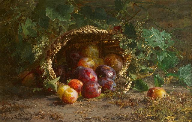 Gerardine van de Sande Bakhuyzen | Omgevallen mand met pruimen en wingerd op de bosgrond, olieverf op doek, 39,4 x 61,8 cm, gesigneerd l.o.