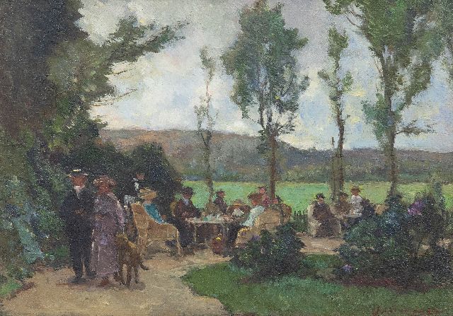 Johannes Evert Akkeringa | Theetuin, olieverf op paneel, 17,4 x 24,6 cm, gesigneerd r.o.