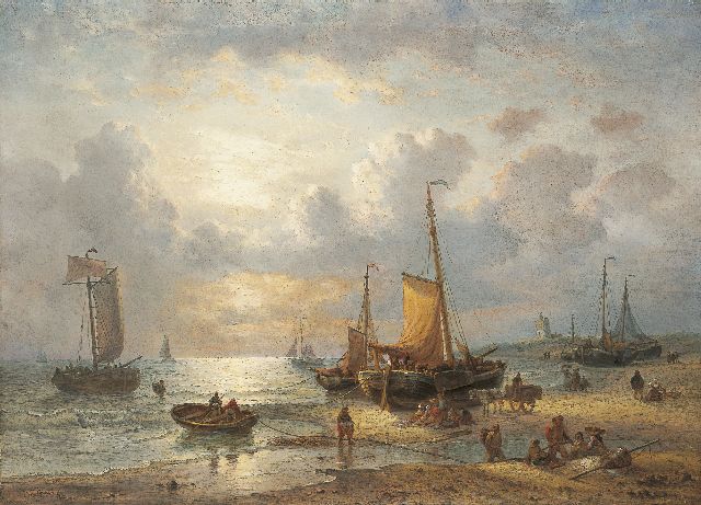 George Willem Opdenhoff | Het uitladen van de vangst, olieverf op doek, 70,7 x 97,7 cm, gesigneerd l.o.