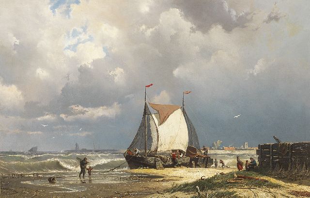 Greive J.C.  | Hengsten voor Uitdam, de kerktoren van Ransdorp in de verte, olieverf op doek 55,8 x 85,5 cm, gesigneerd l.o.