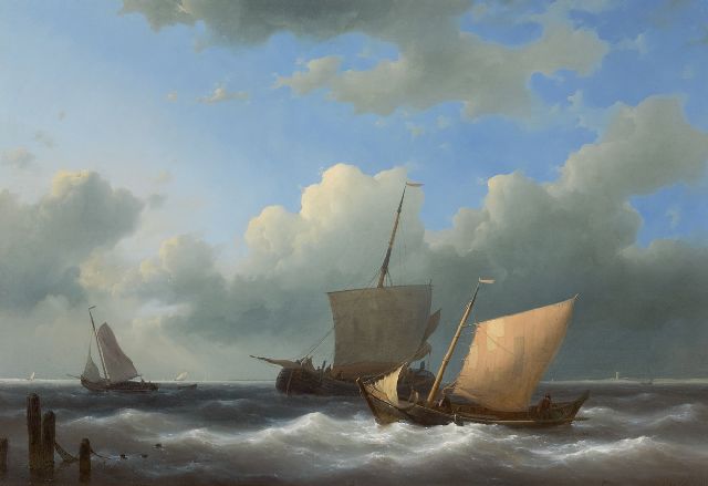 Abraham Hulk | Zeilschepen voor een haveningang, olieverf op paneel, 44,5 x 62,7 cm, gesigneerd r.o. en gedateerd 1846