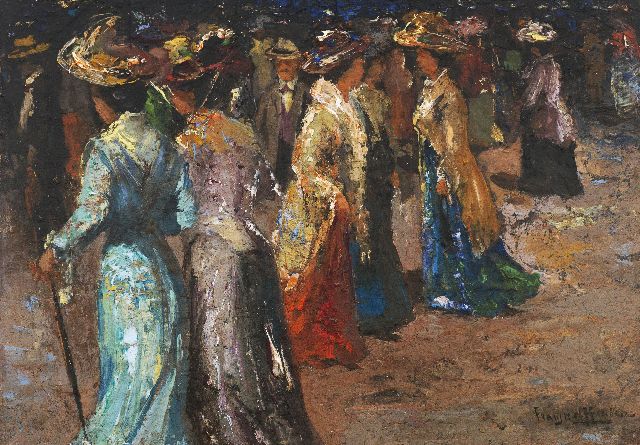 Frans Helfferich | Winkelende dames, olieverf op papier op paneel, 20,2 x 28,0 cm, gesigneerd r.o.