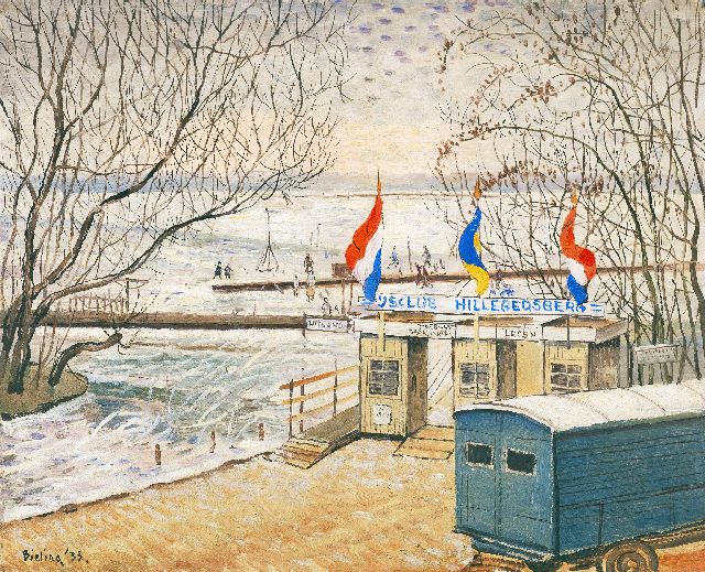 Herman Bieling | De IJsclub Hillegersberg aan de Bergse Achterplas, olieverf op doek, 34,2 x 42,2 cm, gesigneerd l.o. en gedateerd '33
