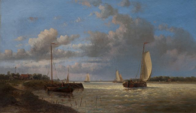Hendrik Hulk | Zeilschepen op de rivier, olieverf op doek, 33,4 x 57,8 cm, gesigneerd l.o.