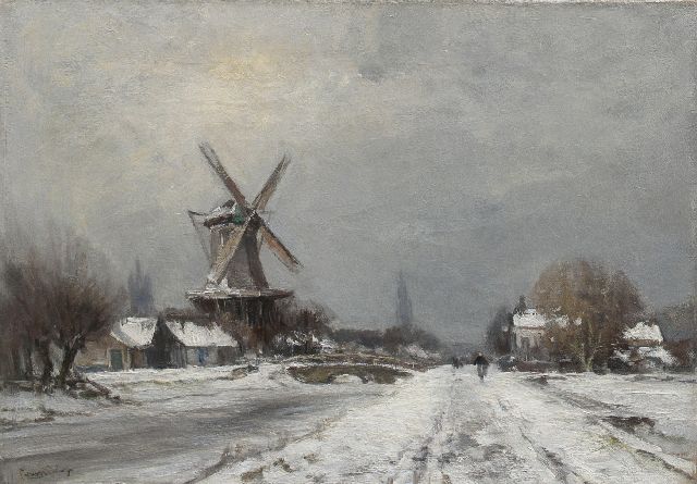 Louis Apol | Winterlandschap met stellingmolen bij Delft, olieverf op doek, 42,6 x 60,3 cm, gesigneerd l.o.
