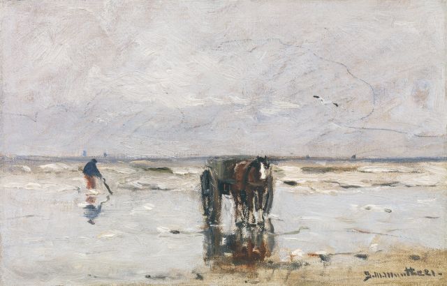 Morgenstjerne Munthe | Schelpenvisser in de branding, olieverf op doek op board, 18,8 x 29,0 cm, gesigneerd r.o. en gedateerd '21