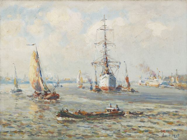 Evert Moll | Driemaster op de Nieuwe Maas bij Rotterdam, olieverf op doek, 30,1 x 40,2 cm, gesigneerd r.o.