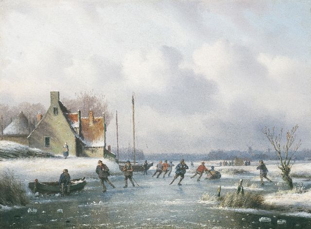 Carl Eduard Ahrendts | IJsgezicht met schaatsers, olieverf op paneel, 26,4 x 36,3 cm