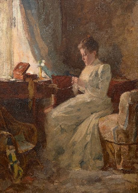 Leo Gestel | Interieur met Anna, de zuster van Leo Gestel, olieverf op doek, 77,7 x 55,8 cm, gesigneerd r.o. met initiaal