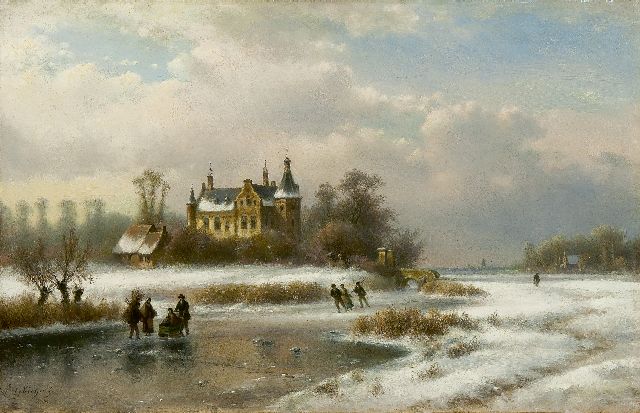 Lodewijk Johannes Kleijn | Bevroren vaart met schaatsers bij een kasteel, olieverf op paneel, 33,5 x 52,1 cm, gesigneerd l.o.