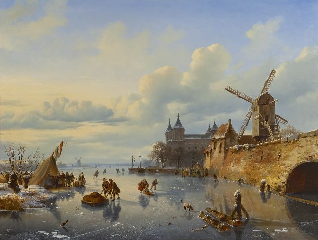 Cornelis Lieste | Schaatsers en figuren bij een stadmuur en waterpoort, olieverf op paneel, 71,1 x 93,5 cm, gesigneerd r.o. en gedateerd 1843