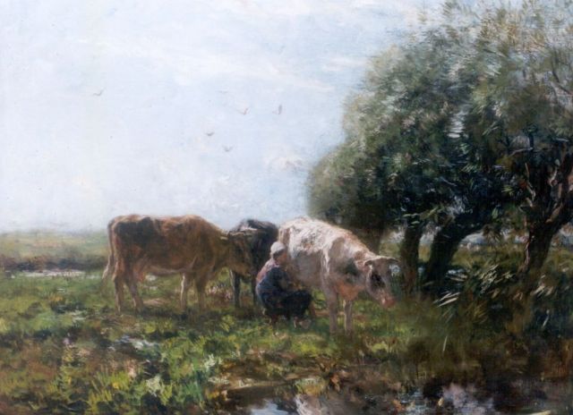 Willem Maris | Melktijd, olieverf op doek, 75,0 x 100,5 cm, gesigneerd l.o.