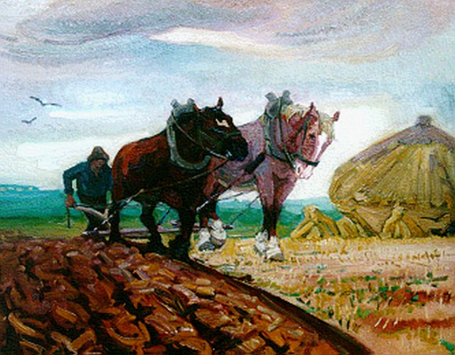 Herman Gouwe | Ploegende boer, olieverf op doek, 59,2 x 74,0 cm, gesigneerd l.o.