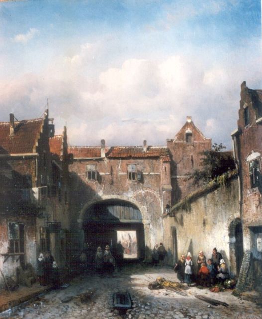 Charles Leickert | Bedrijvigheid bij de stadspoort, olieverf op paneel, 33,0 x 28,2 cm, gesigneerd r.o.