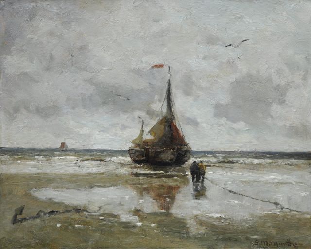 Morgenstjerne Munthe | Bomschuit op het strand bij eb, olieverf op doek, 40,5 x 50,6 cm, gesigneerd r.o.