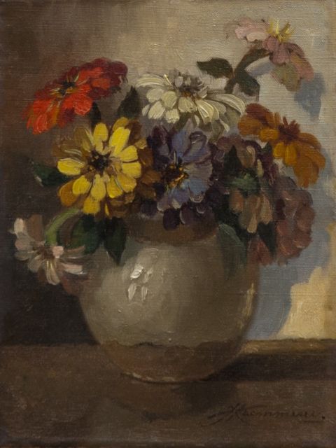 Johan Hendrik Kaemmerer | Zinnia's, olieverf op doek, 24,1 x 18,3 cm, gesigneerd r.o.