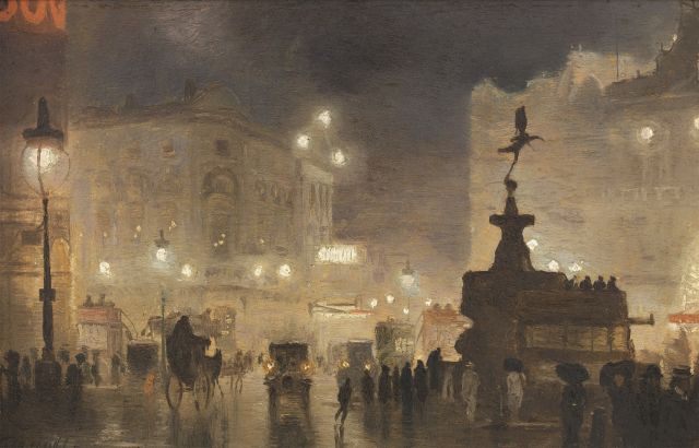 George Hyde-Pownall | Piccadilly Circus bij avond, olieverf op schildersboard, 15,0 x 23,2 cm, gesigneerd l.o. en verso
