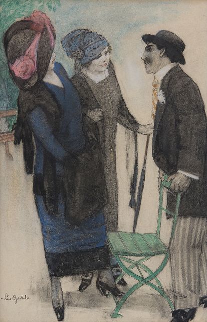 Leo Gestel | Praatje in het park, Parijs, houtskool en pastel op papier, 50,1 x 33,4 cm, gesigneerd l.o. en te dateren ca. 1910