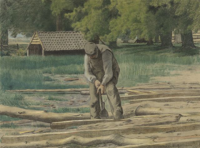 Willem Jan Willemsen | Houthakker in Park Sonsbeek, Arnhem, krijt op papier, 47,4 x 64,5 cm, gesigneerd r.o.