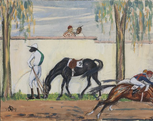 Onbekend | De noodzakelijke pauze (mogelijk ontwerp voor een illustratie uit de verhalen van Sjors en Sjimmie), gouache op papier, 35,5 x 45,3 cm, gesigneerd l.o. en gedateerd 1947