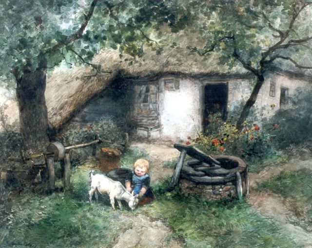 Mari ten Kate | Meisje met geitje bij de waterput, aquarel op papier, 37,0 x 49,0 cm, gesigneerd l.o.