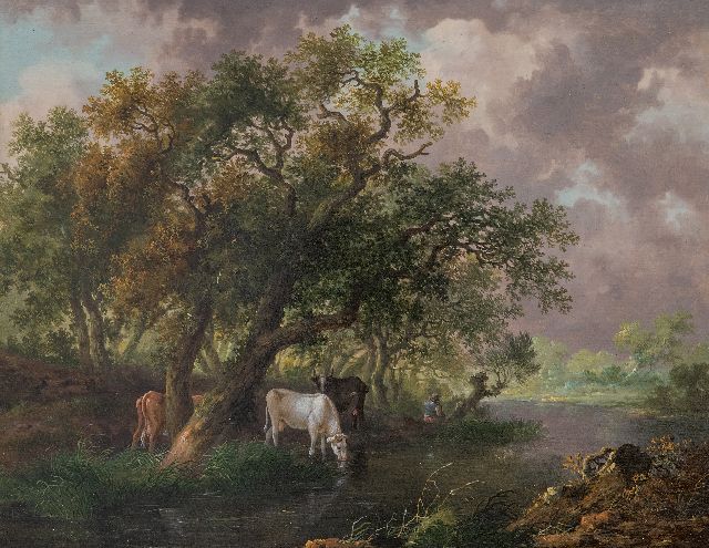 Fredericus Theodorus Renard | Drinkend vee bij een rivier, olieverf op paneel, 26,5 x 34,3 cm, gesigneerd (onduidelijk) verso op etiket en te dateren ca. 1815, zonder lijst