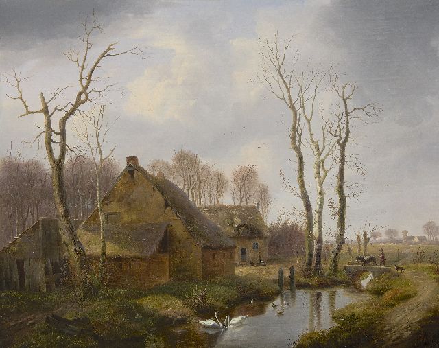 Louis Pierre Verwee | Boerderij met landvolk en dieren, olieverf op doek, 54,6 x 69,5 cm, gesigneerd l.o.