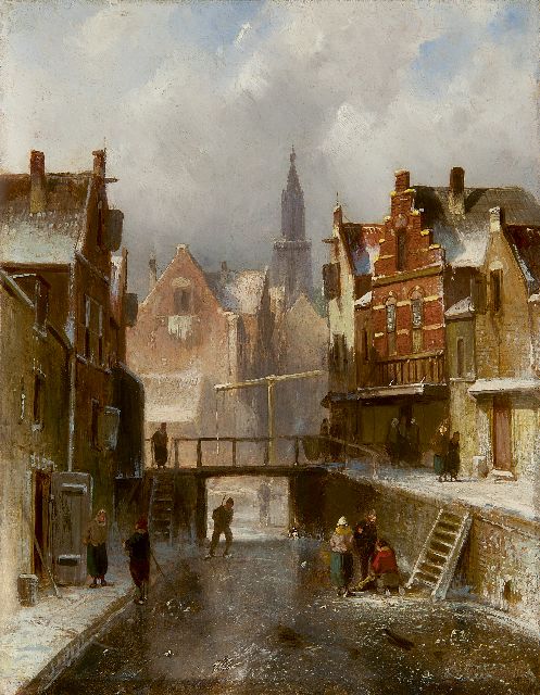 Charles Leickert | IJstafereel op de stadsgracht van Amsterdam, olieverf op paneel, 27,0 x 20,9 cm, gesigneerd r.o. (vaag)