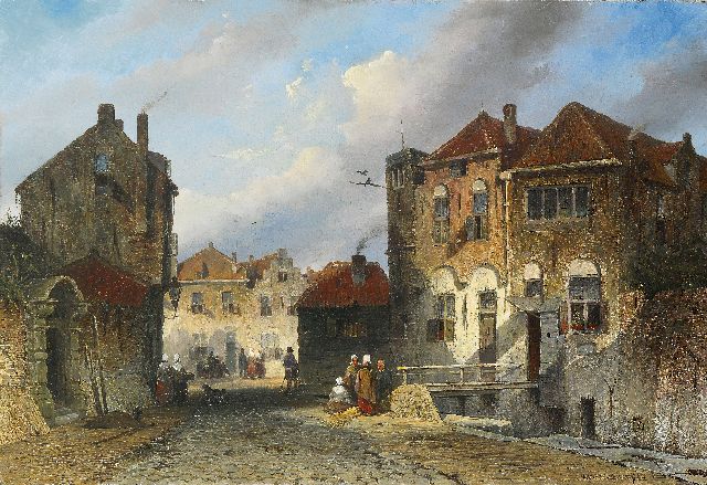 Jan Weissenbruch | Bedrijvigheid in een zonnig Hollands straatje, olieverf op paneel, 34,8 x 50,9 cm, gesigneerd r.o. en verso met initialen en gedateerd '44