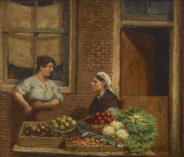Gerard Johan Staller | Groenteverkoopsters, Amsterdam, olieverf op paneel, 18,8 x 21,9 cm, gesigneerd r.o.