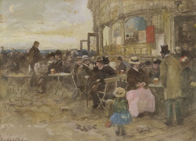 Adriaan de la Rivière | Het terras van het Paviljoen op het Wandelhoofd, Scheveningen, aquarel op papier, 21,2 x 28,3 cm, gesigneerd l.o.