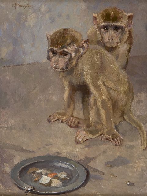 Cornelis Jan Mension | Aapjes, olieverf op doek, 40,4 x 30,8 cm, gesigneerd l.b.