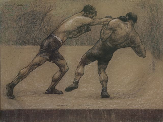 Willy Sluiter | De bokswedstrijd van Joe Beckett tegen Tommy Burns, Londen 1920, houtskool en pastel op papier op karton, 74,3 x 99,0 cm, gesigneerd r.m. en gedateerd 'London 1920'