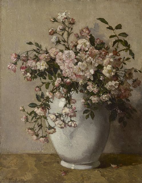 Johannes Evert Akkeringa | Witte pot met trosroosjes, olieverf op doek, 54,1 x 42,1 cm, gesigneerd l.o.