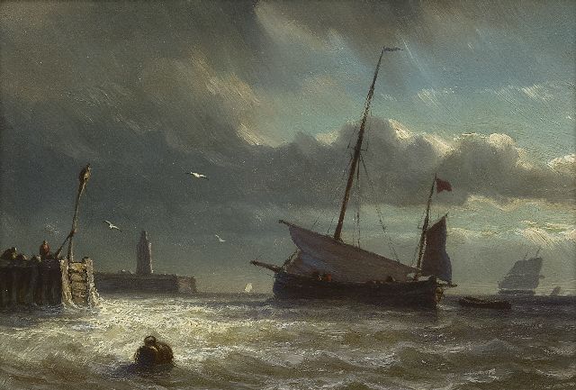 George Johannes Hoffmann | Vissersschip voor een haveningang, olieverf op paneel, 12,9 x 18,6 cm