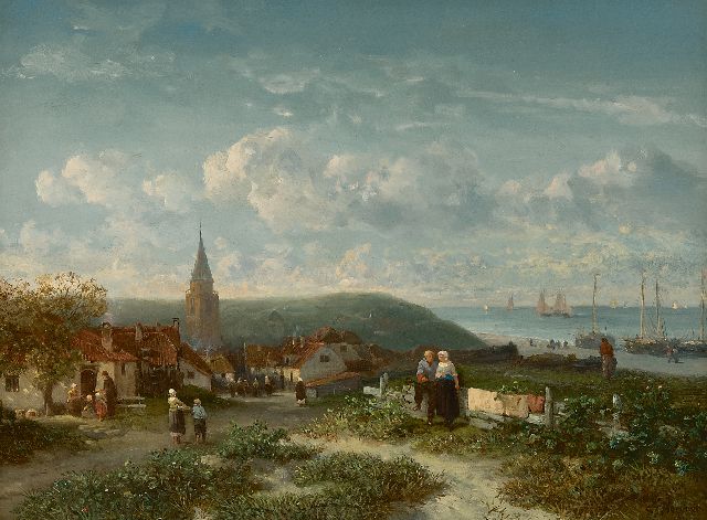 Salomon Verveer | Panoramisch gezicht op het vissersdorp Scheveningen en het strand, olieverf op paneel, 24,1 x 33,7 cm, gesigneerd r.o. en gedateerd '64