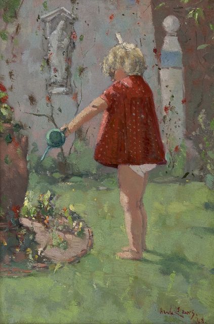 Henk Leurs | Bloemen water geven, olieverf op paneel, 31,8 x 21,4 cm, gesigneerd r.o. en gedateerd '48